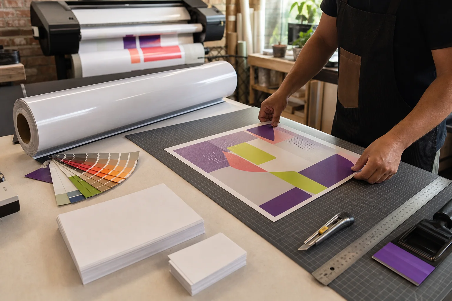 Mesa de impresión con regla, muestras de color, vinil y piezas de papel