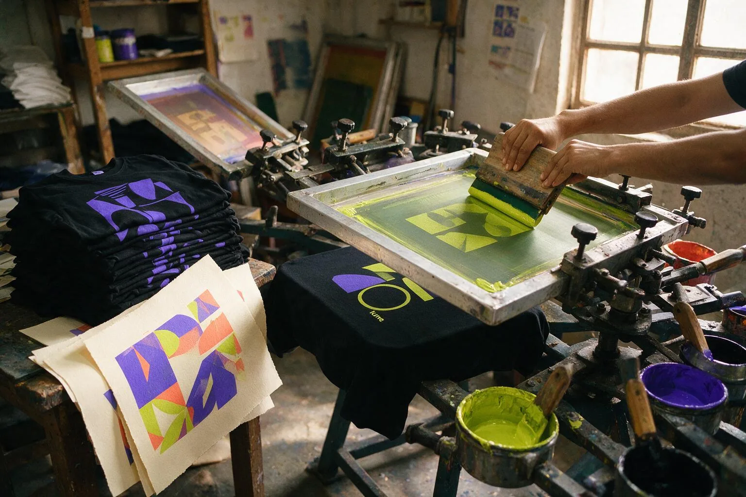 Serigrafía manual de playeras con tinta en el taller