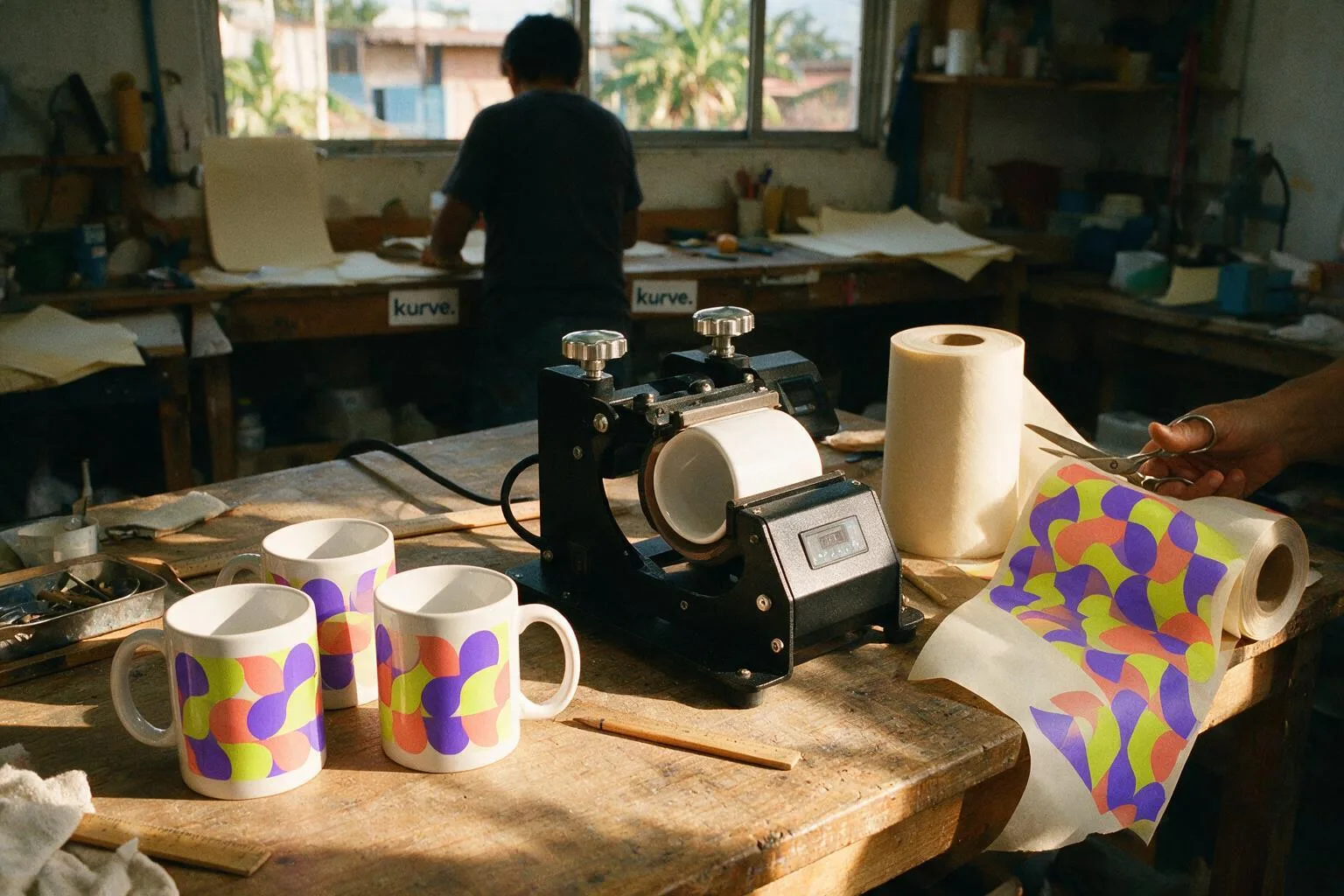 Prensa de sublimación personalizando tazas en el taller
